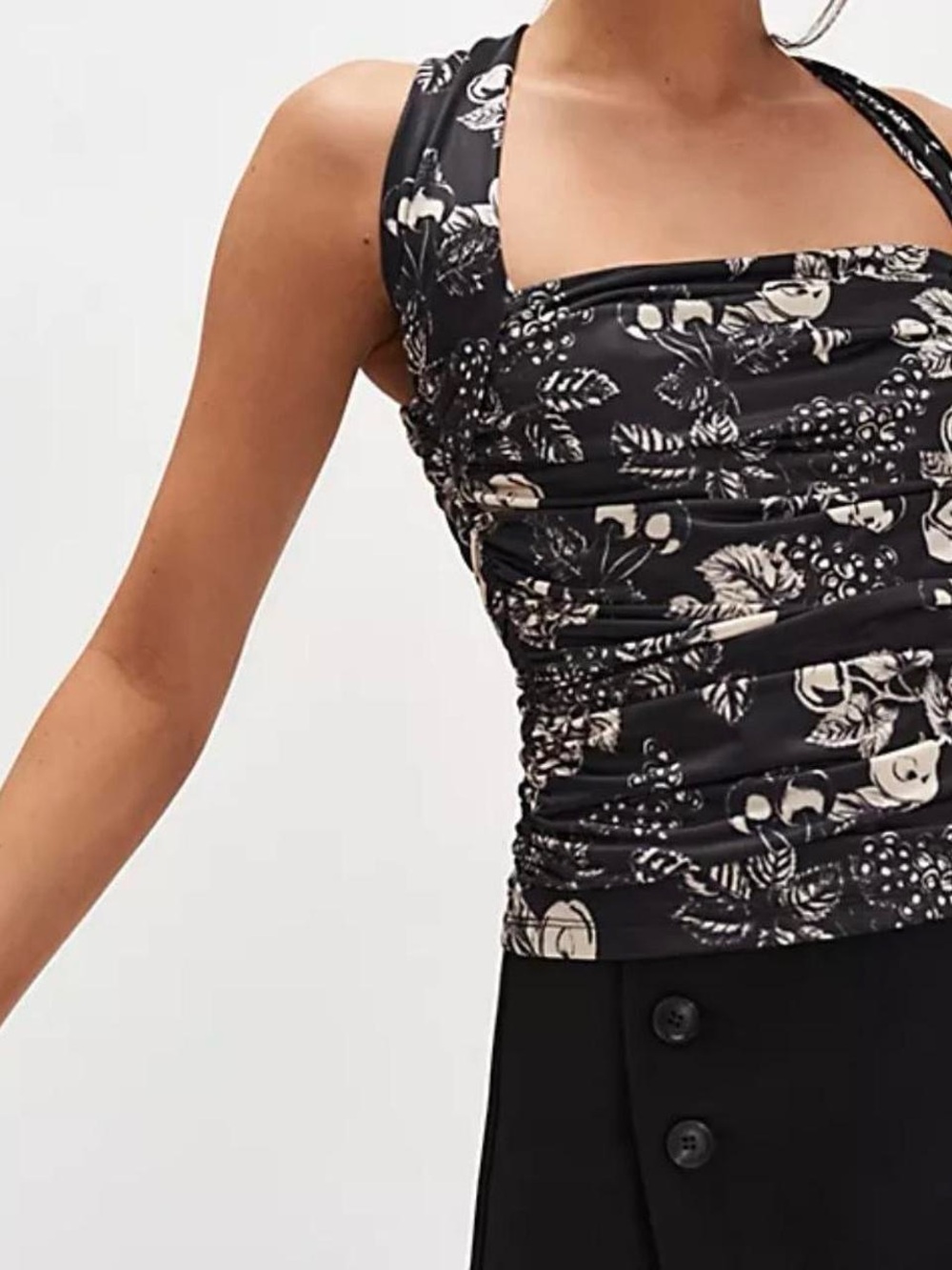 Free People Black and Cream Floral Ruched Halter Tank